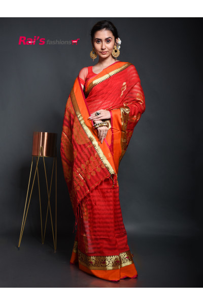 Reshom Silk Cotton Saree With Self Weaving Stripes Design Base and Handweaving Benarasi Work Border (KR59)